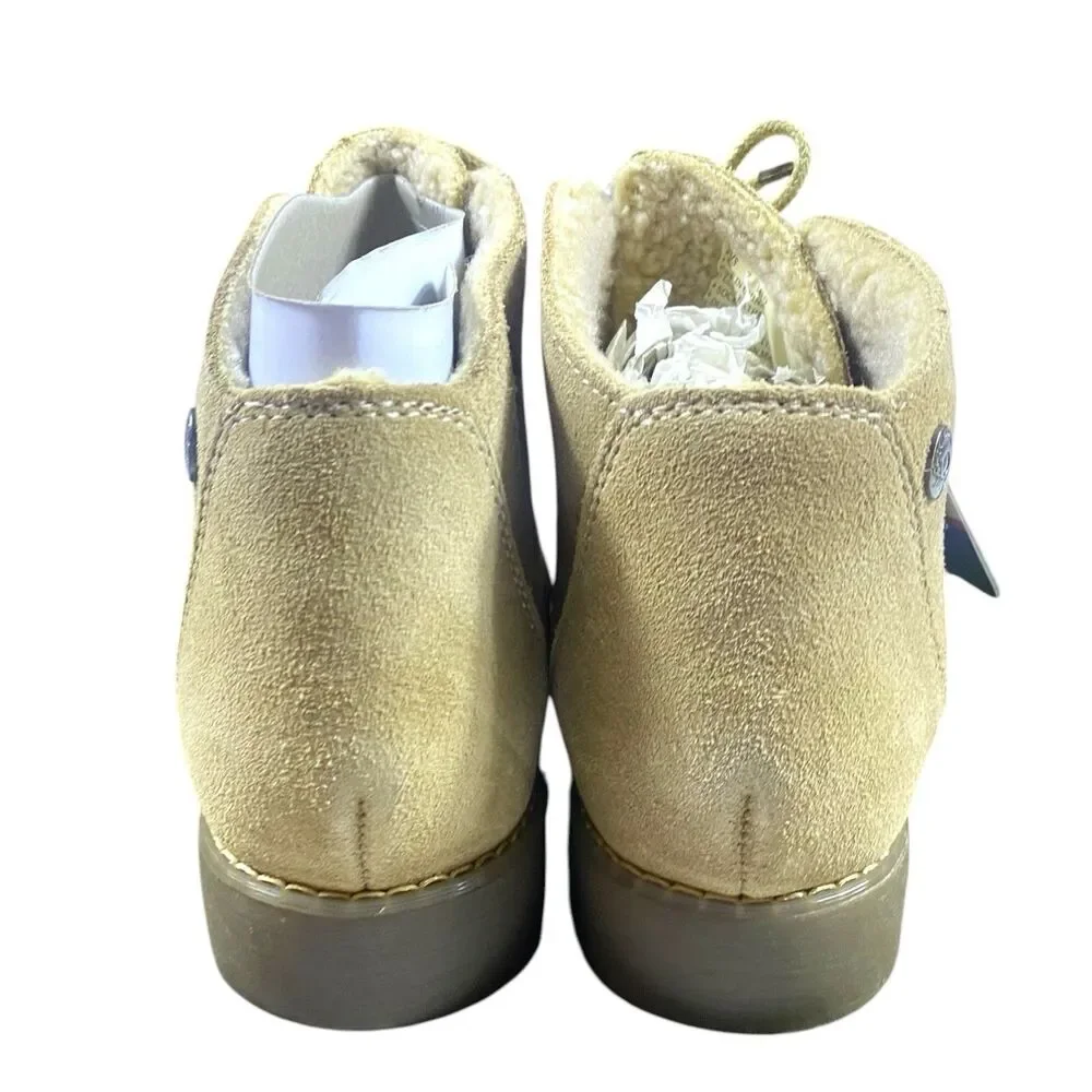 NEW Eddie Bauer Tan Suede Ankle Boot Lace Up Faux Shearling Lining Womens Size 7